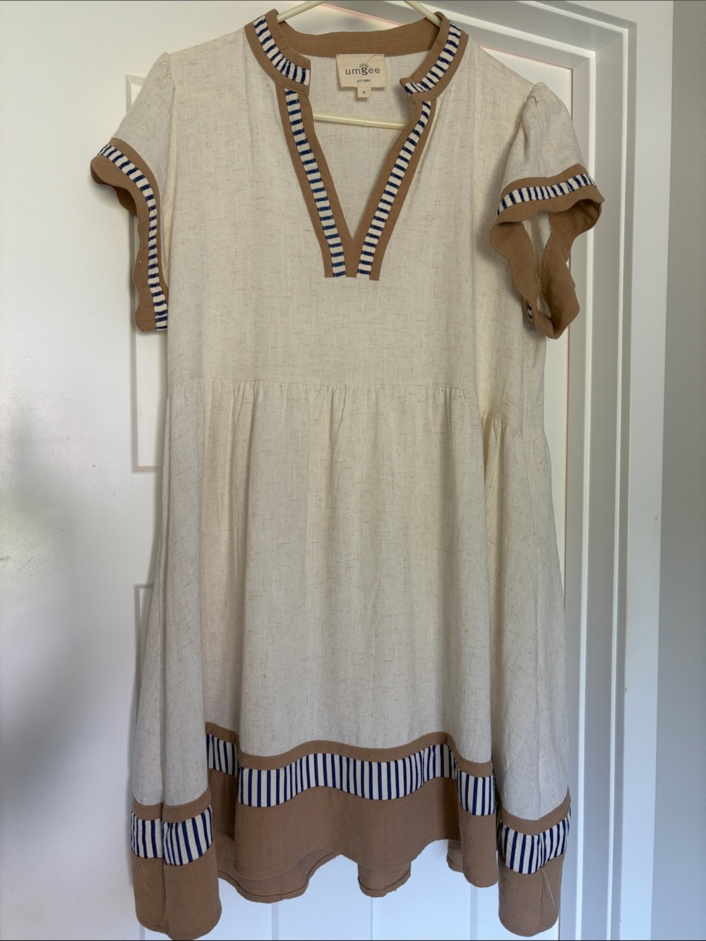 Umgee Fluttersleeve Linen Cream Dress with Tan and Navy Stripe Trim
